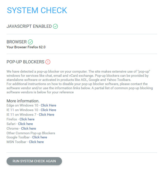 System Check Pop-up Blocker Error